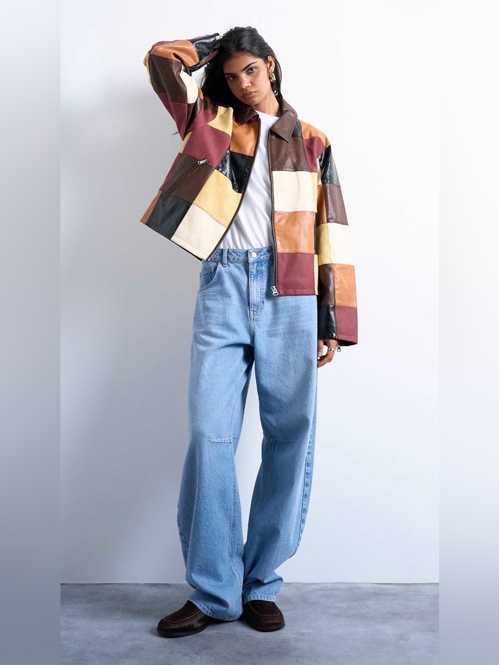 topshop faux leather patchwork zip jacket in multi